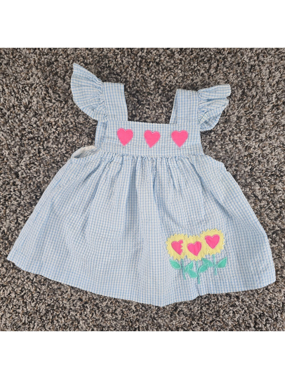 Vintage Samara Baby Girls Sz 6-9M Gingham Flutter Sleeve Dress Blue Seersucker